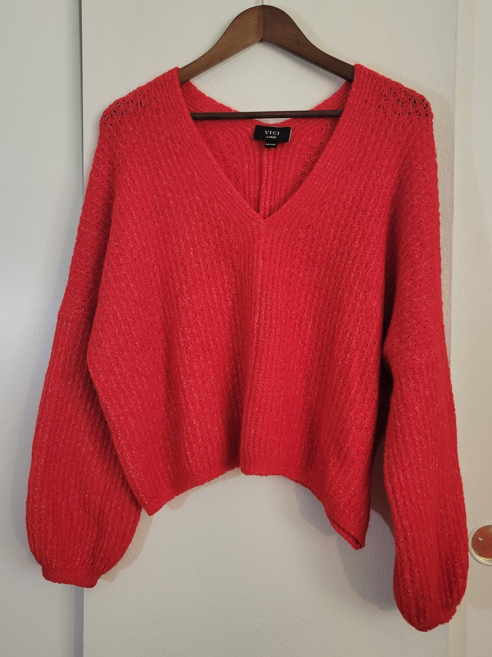 Vici Red V-Neck Balloon Sleeve Sweater